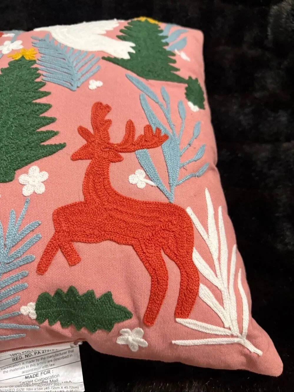 Opalhouse Jungalow Embroidered  throw pillow,  red deer and green pine trees